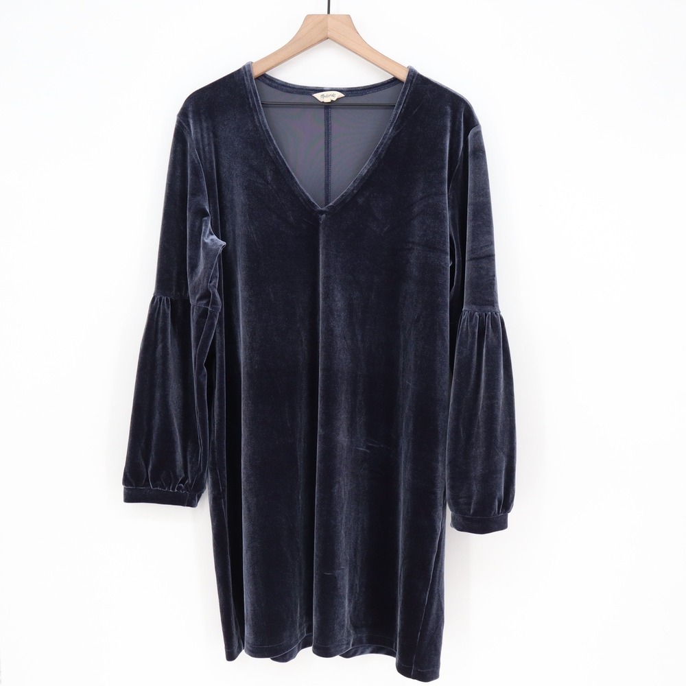 Madewell Dress Womens XL Shift Navy Blue Velvet Long Puff Sleeve Excellent